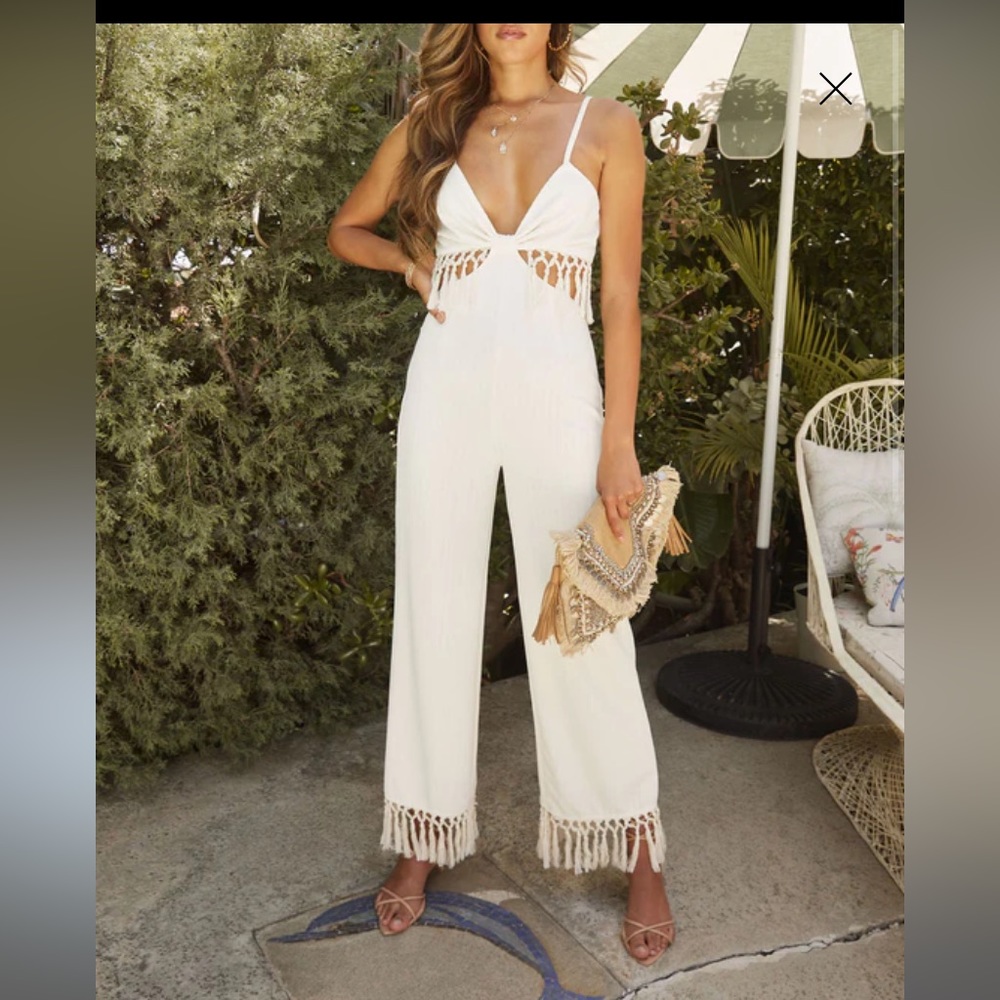 Tulum Adventures Tassel Trim Cutout White Jumpsuit
